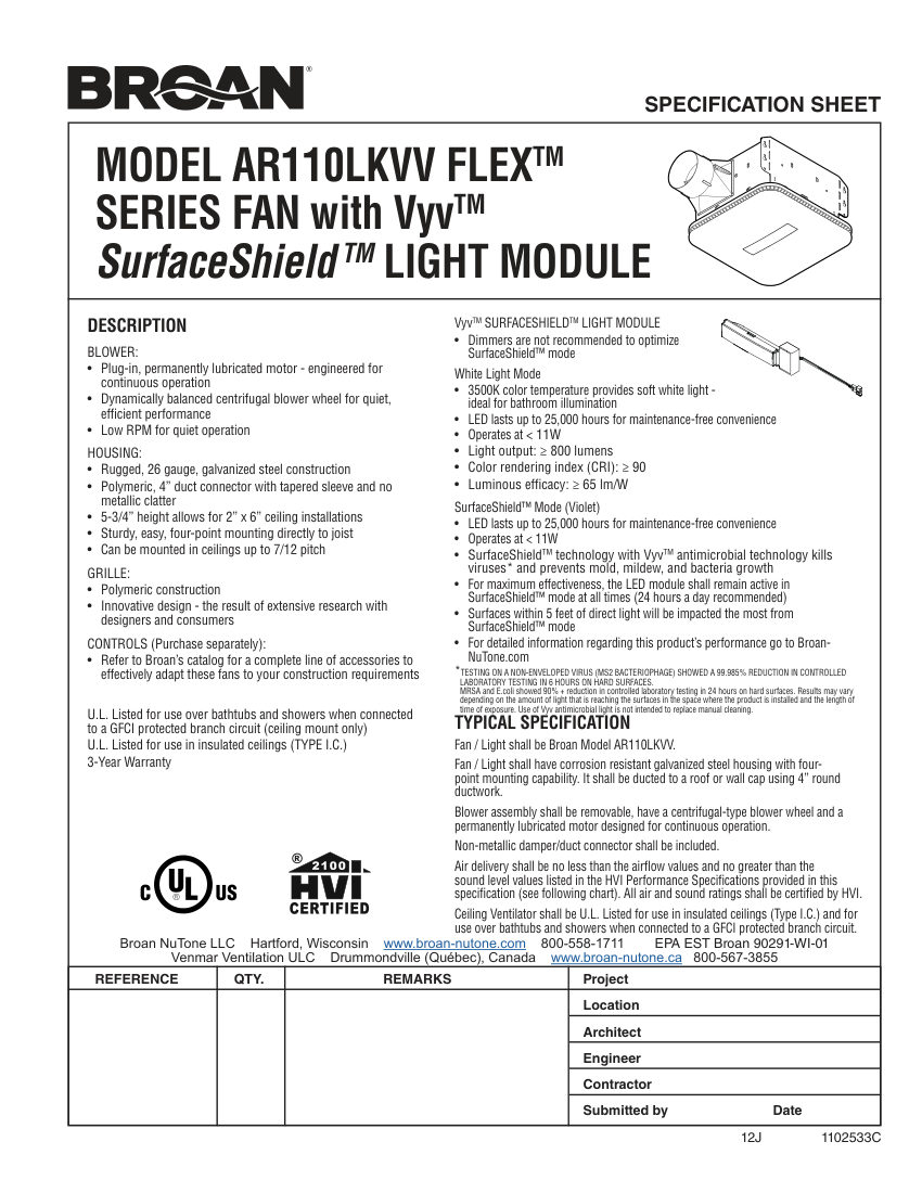 Broan AR110LKVV cut sheet — first page