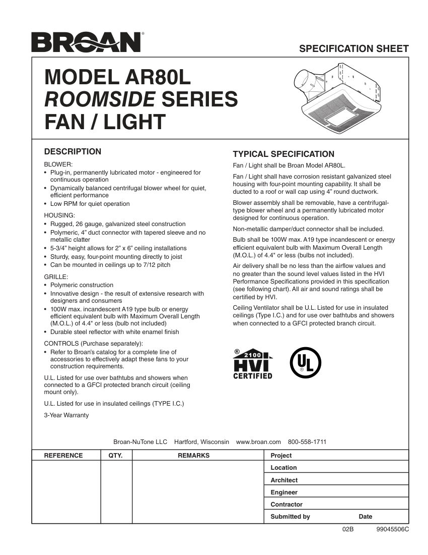 Broan AR80L cut sheet — first page