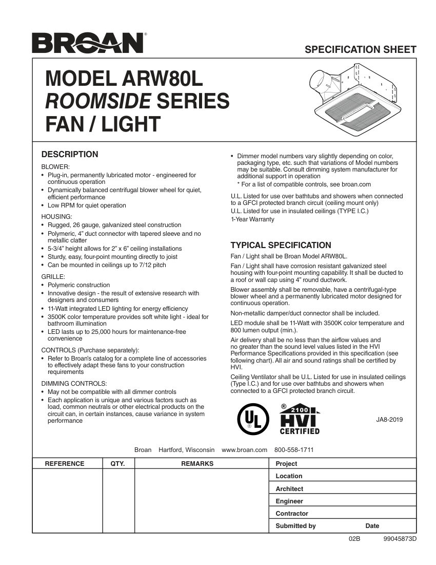 Broan ARW80L cut sheet — first page