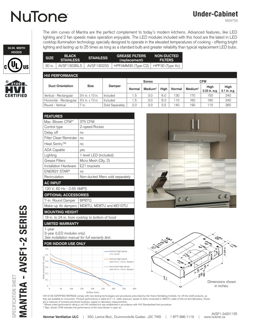 Broan AVSF1302BLS cut sheet — first page