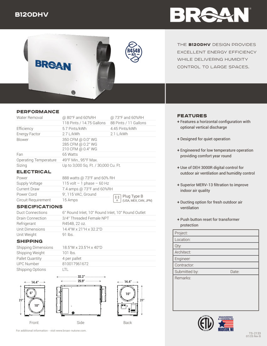 Broan B120DHV cut sheet — first page