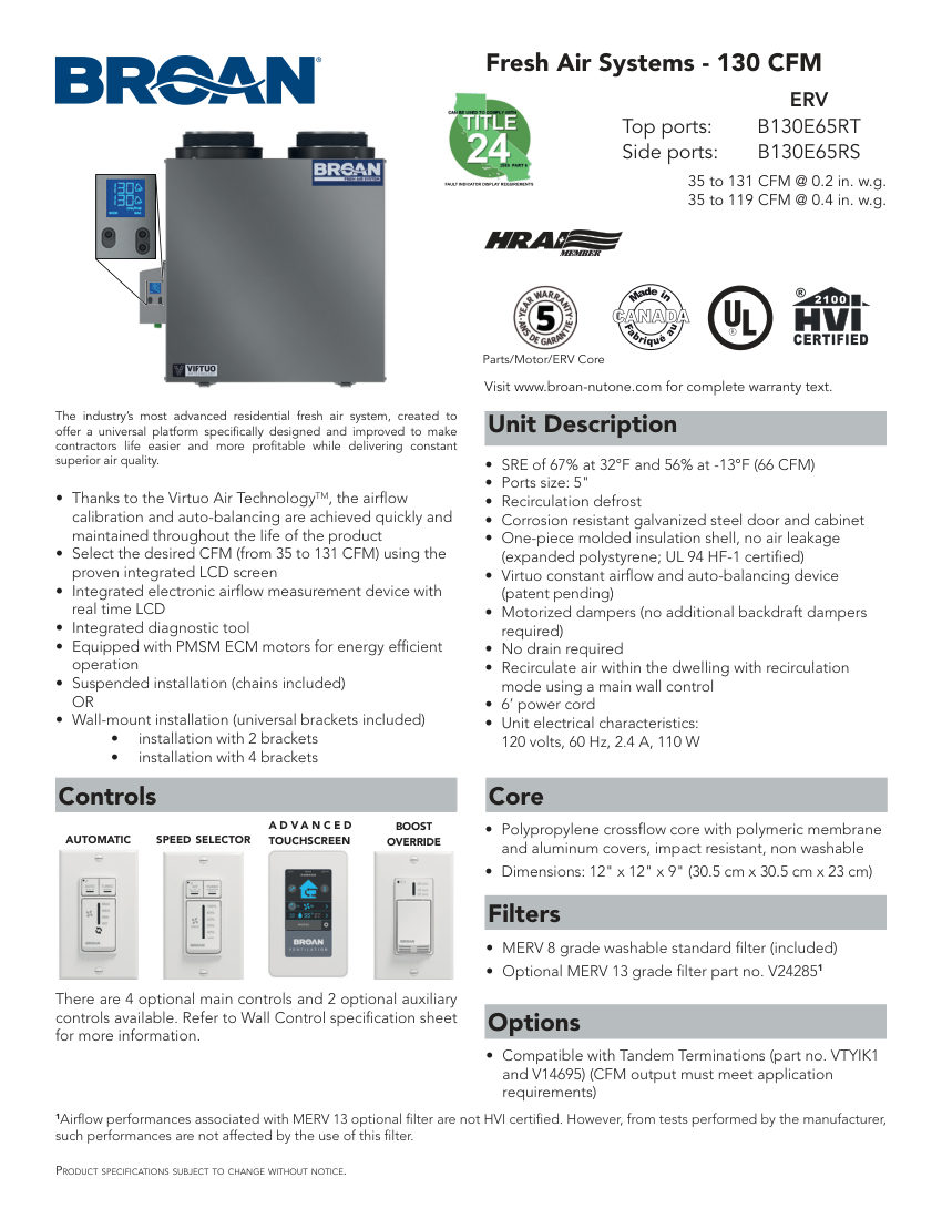 Broan B130E65RS cut sheet — first page