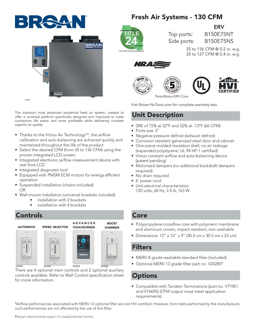 Broan B150E75NS cut sheet — first page