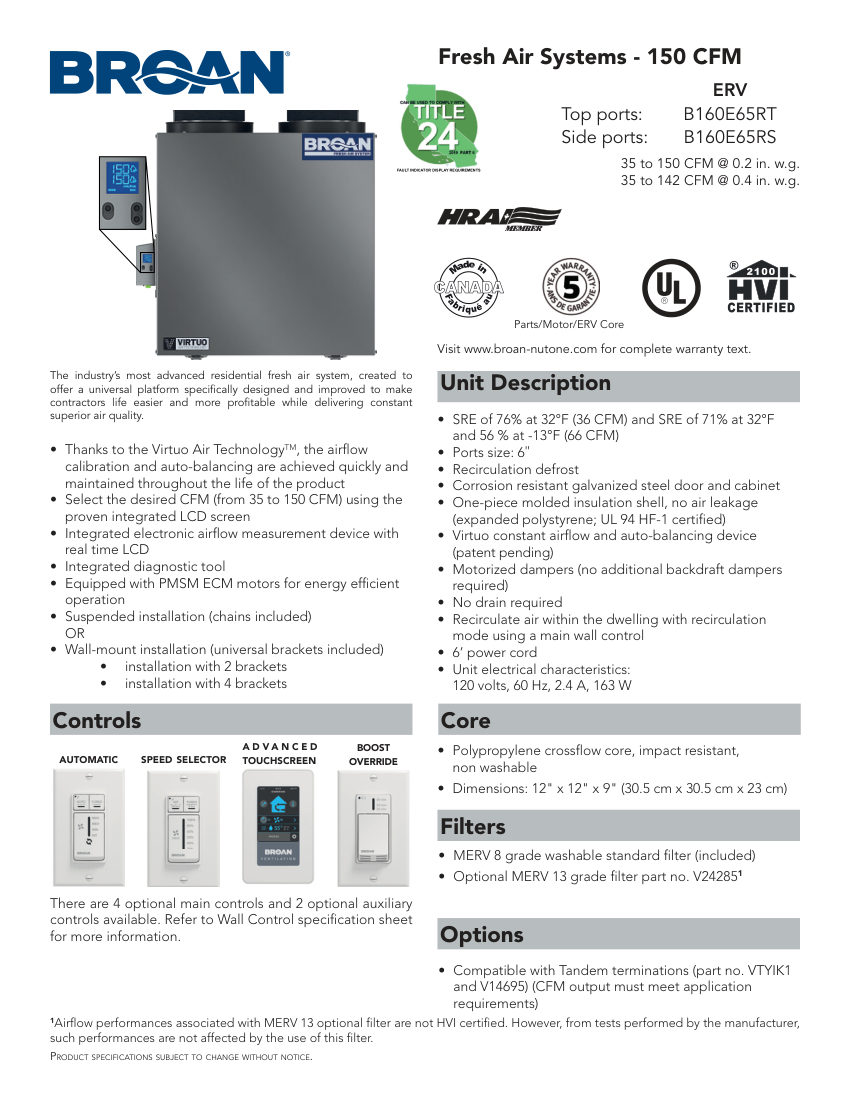 Broan B160E65RS cut sheet — first page