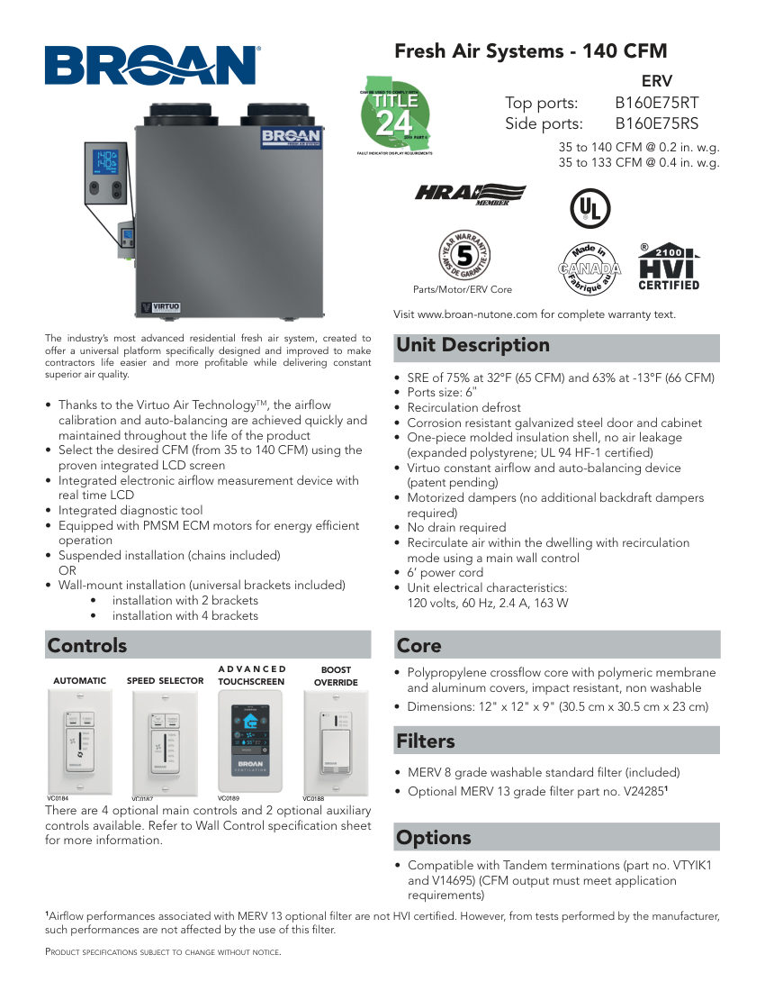 Broan B160E75RS cut sheet — first page
