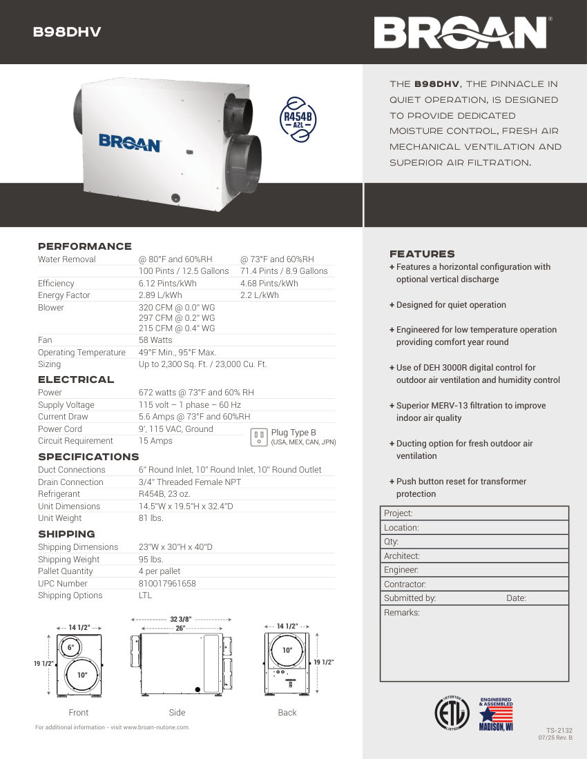 Broan B98DHV cut sheet — first page