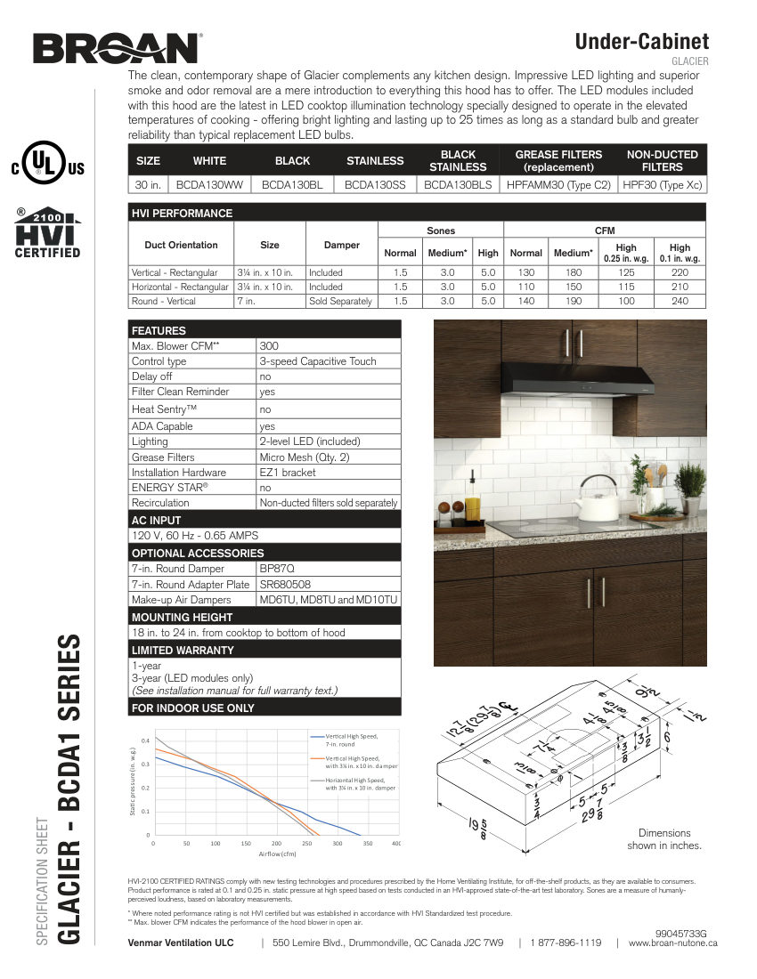 Broan BCDA130BL cut sheet — first page
