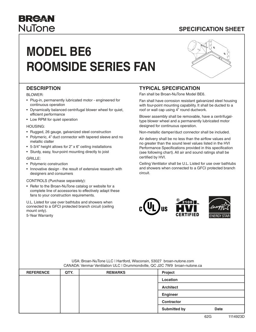 Broan BE6 cut sheet — first page