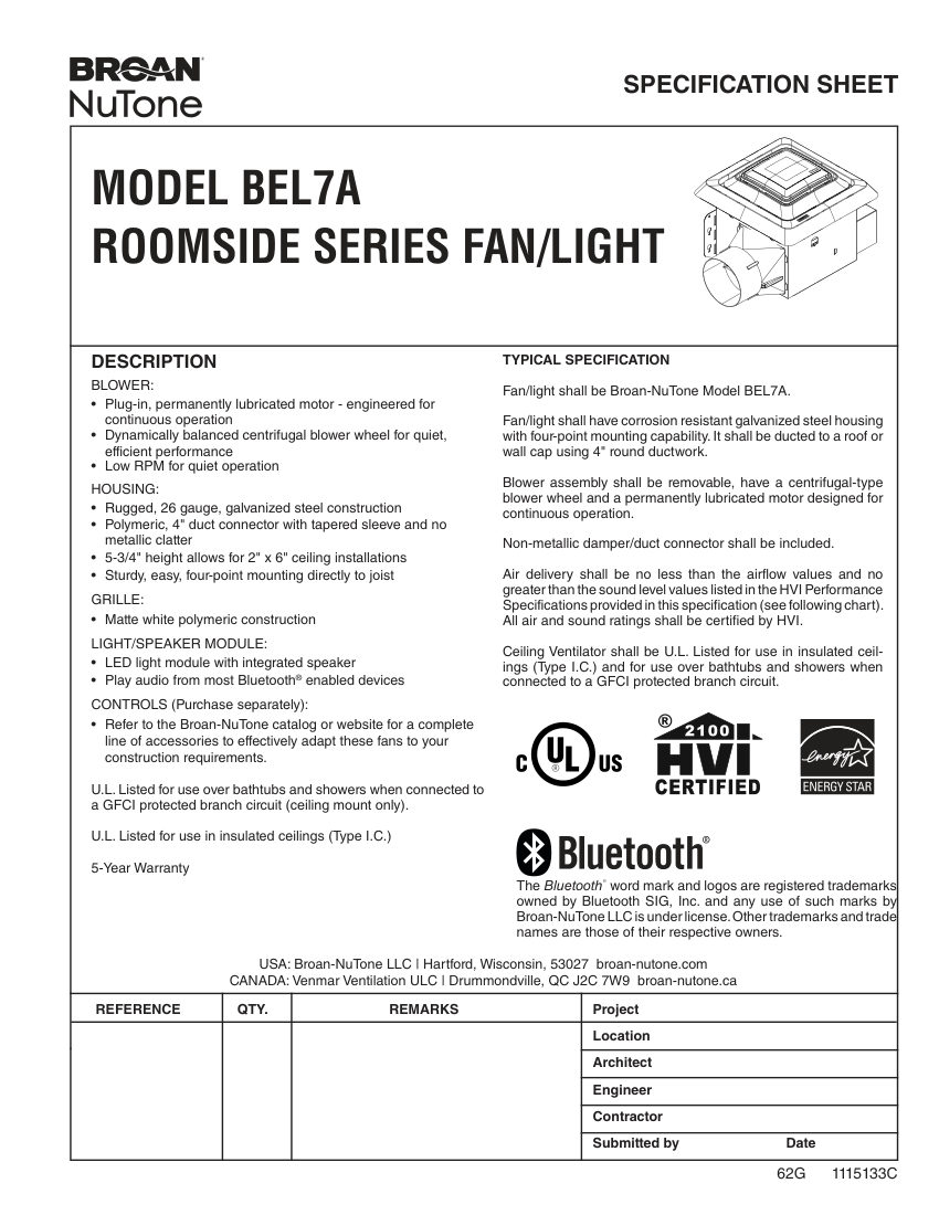 Broan BEL7A cut sheet — first page