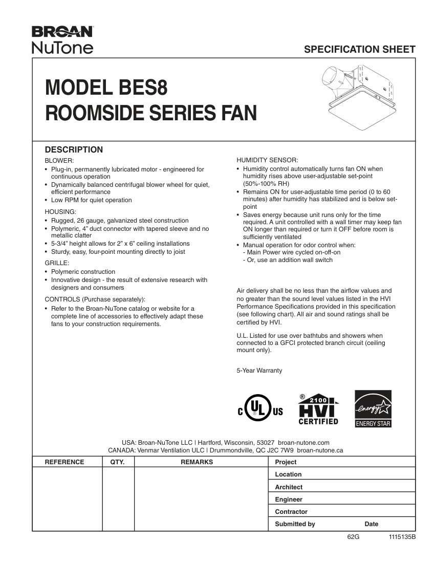 Broan BES8 cut sheet — first page