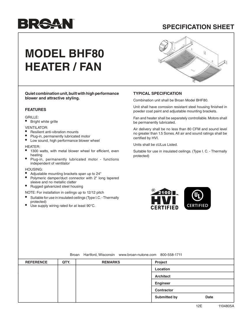 Broan BHF80 cut sheet — first page