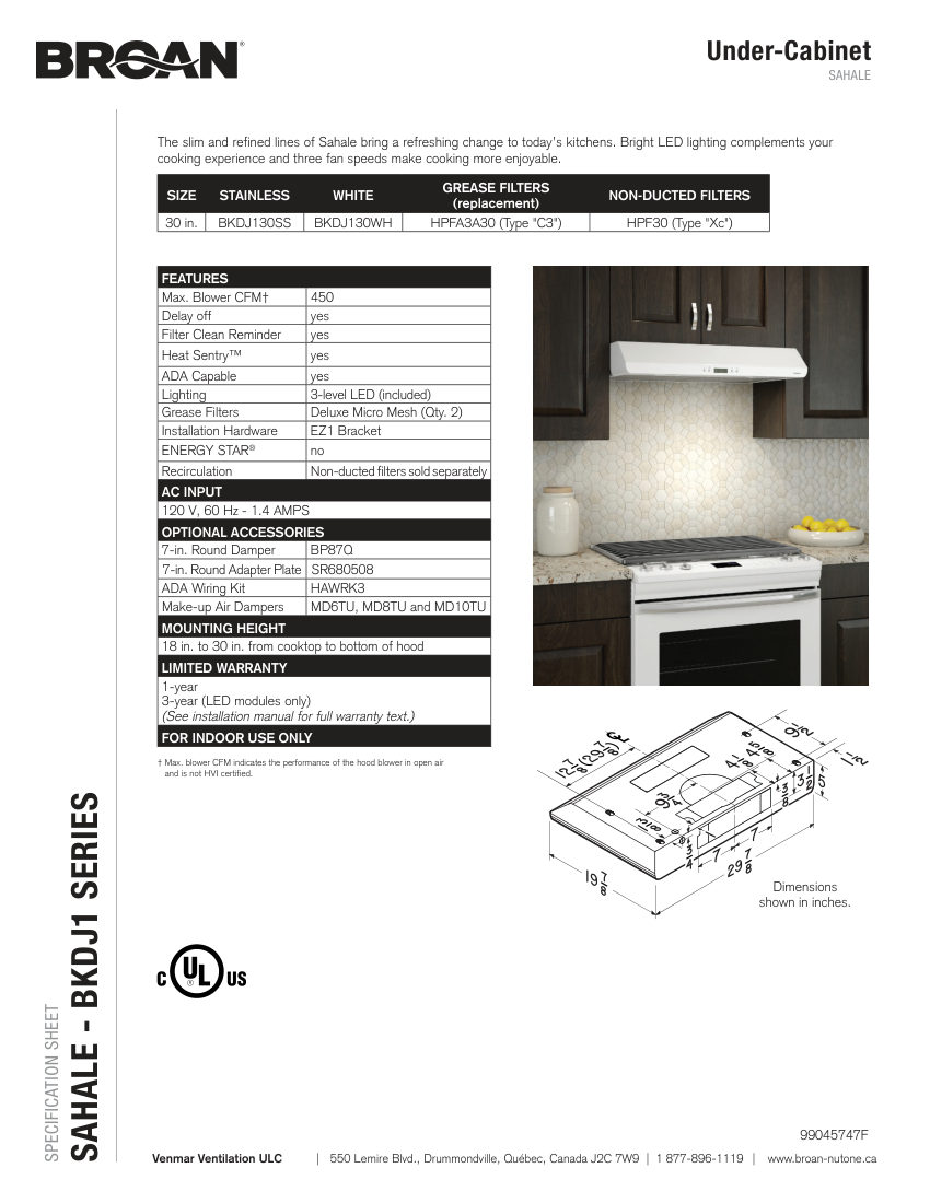Broan BKDJ130SS cut sheet — first page