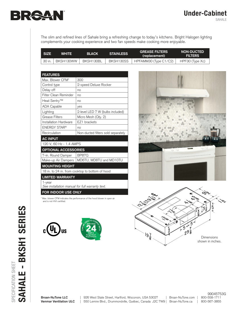 Broan BKSH130SS cut sheet — first page