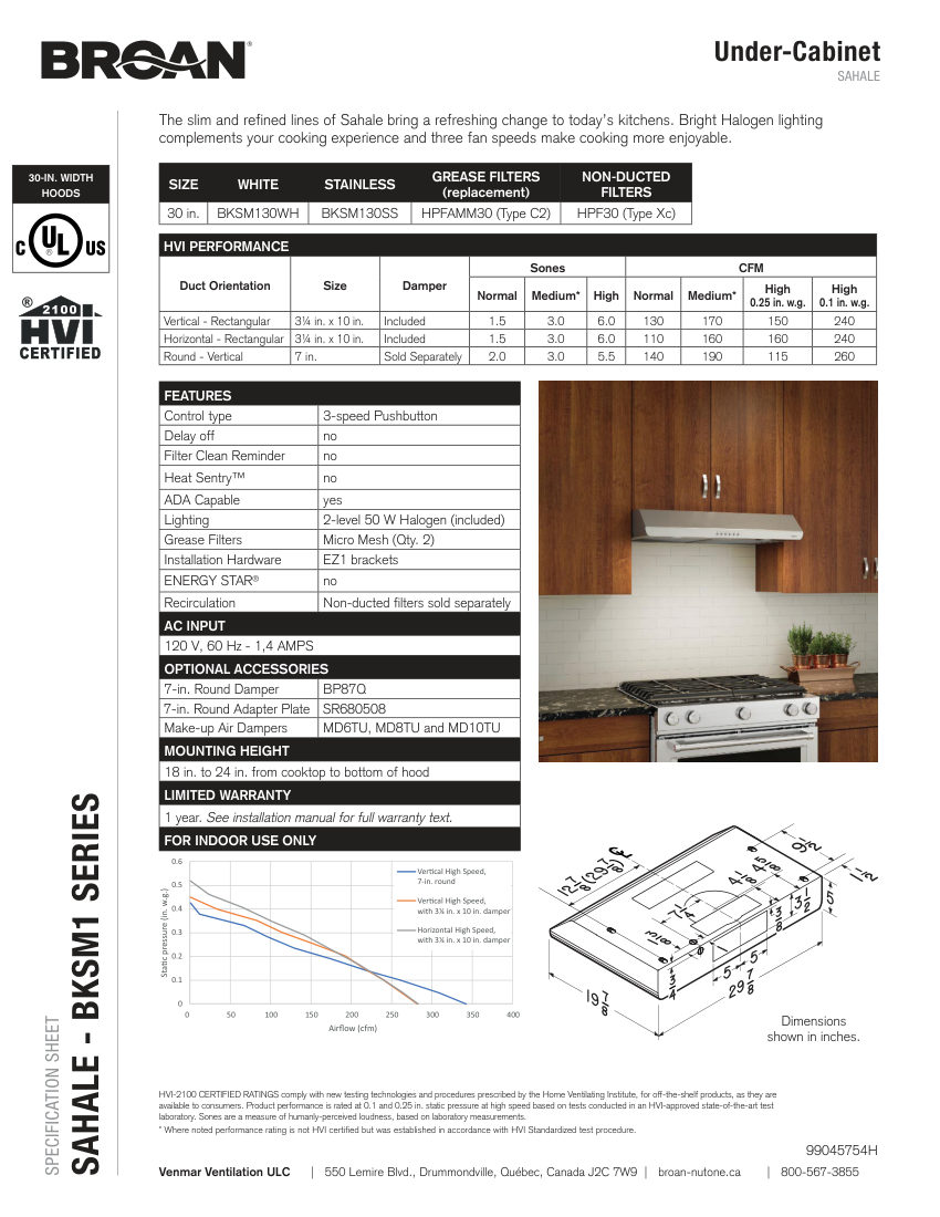 Broan BKSM130SS cut sheet — first page