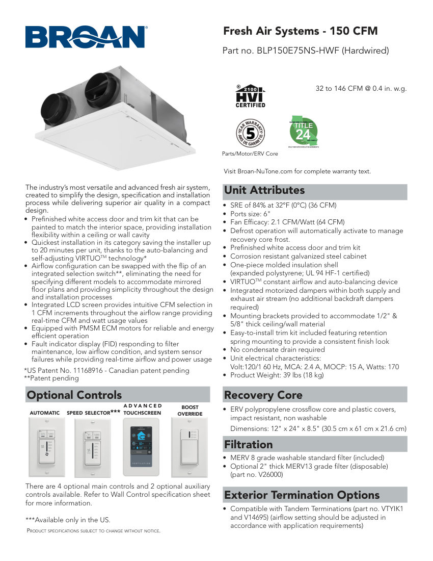Broan BLP150E75NS-HWF cut sheet — first page