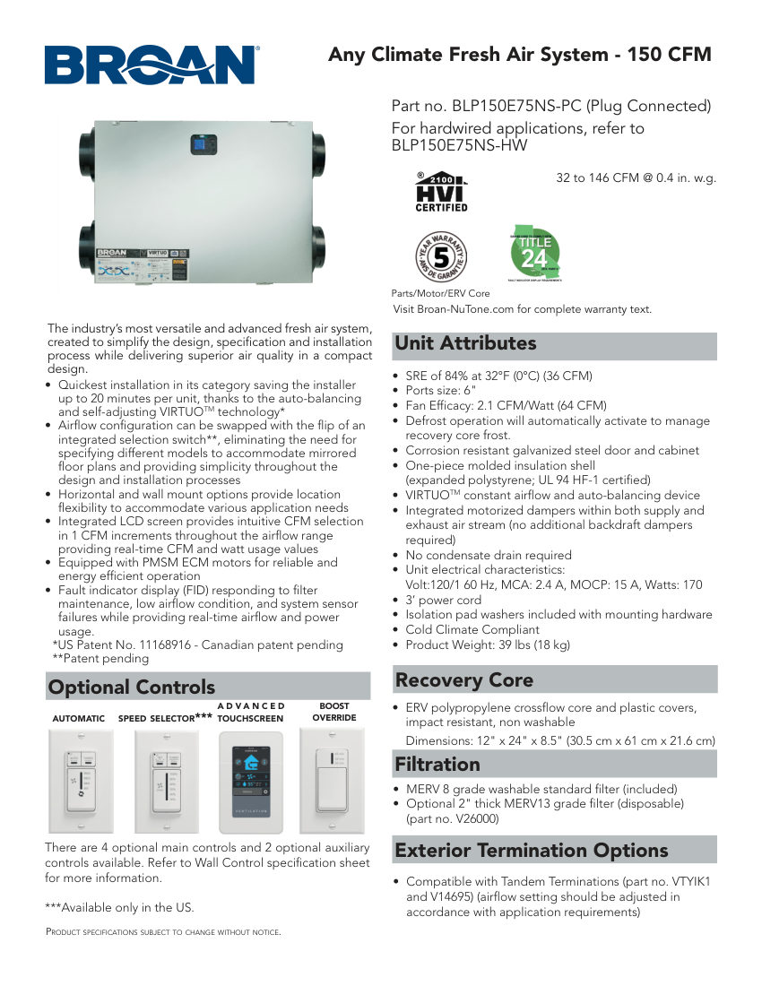 Broan BLP150E75NS-PC cut sheet — first page