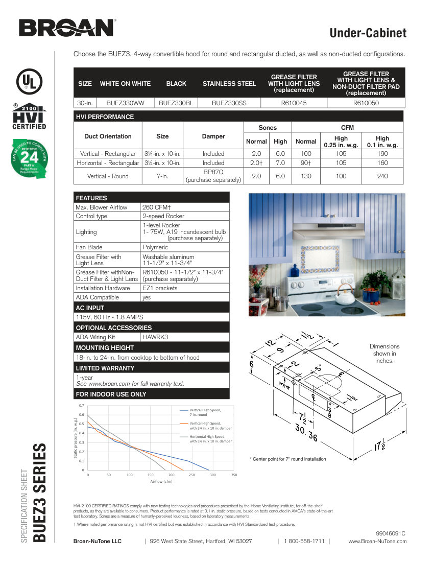 Broan BUEZ330BL cut sheet — first page