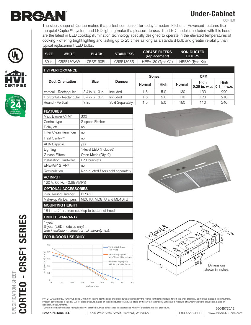Broan CRSF130BL cut sheet — first page