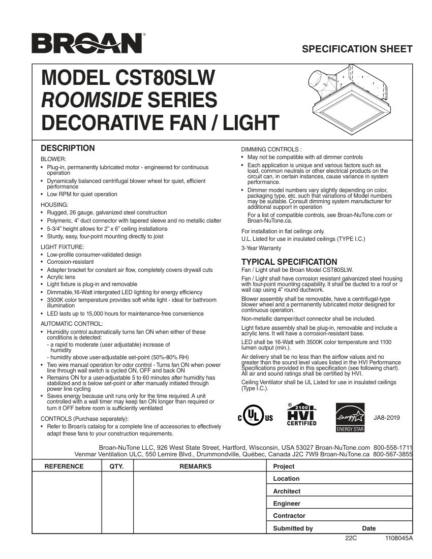 Broan CST80SLW cut sheet — first page