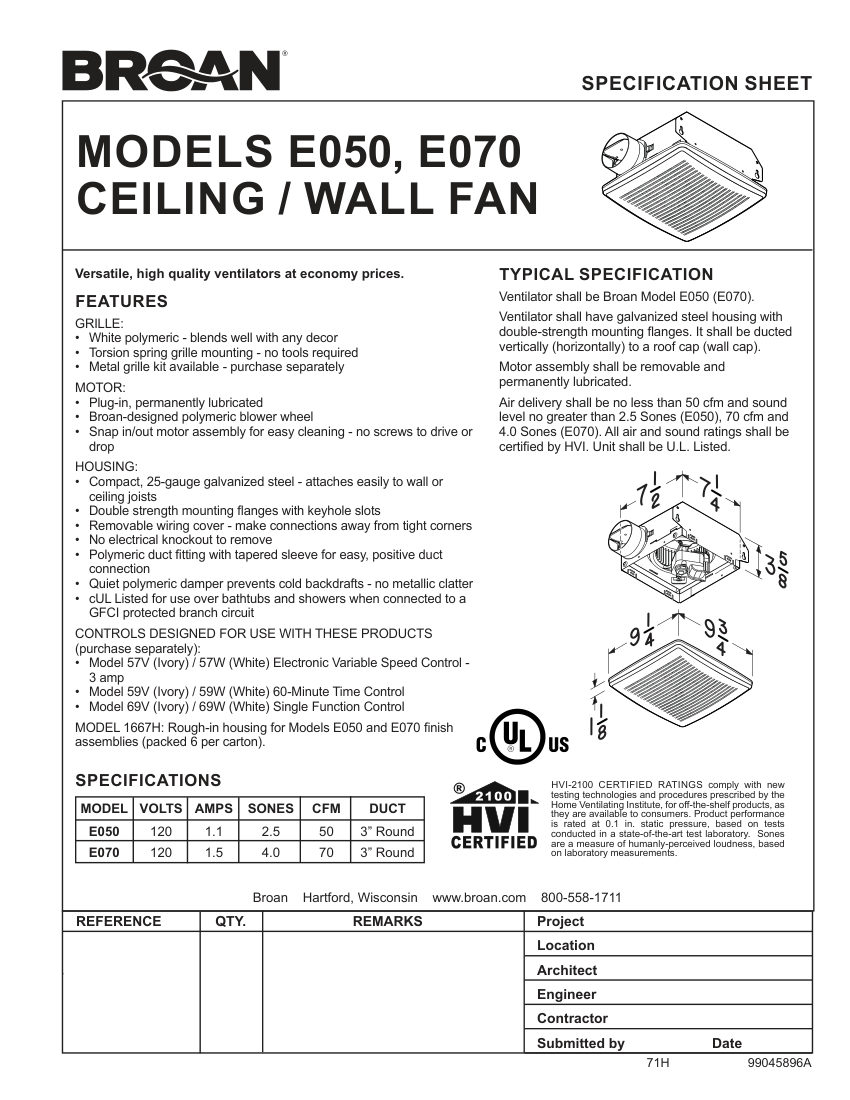 Broan E050 cut sheet — first page