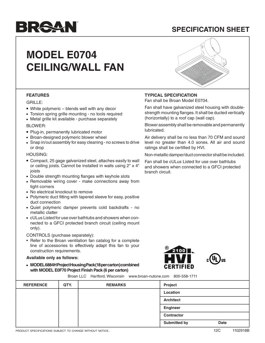 Broan E0704 cut sheet — first page