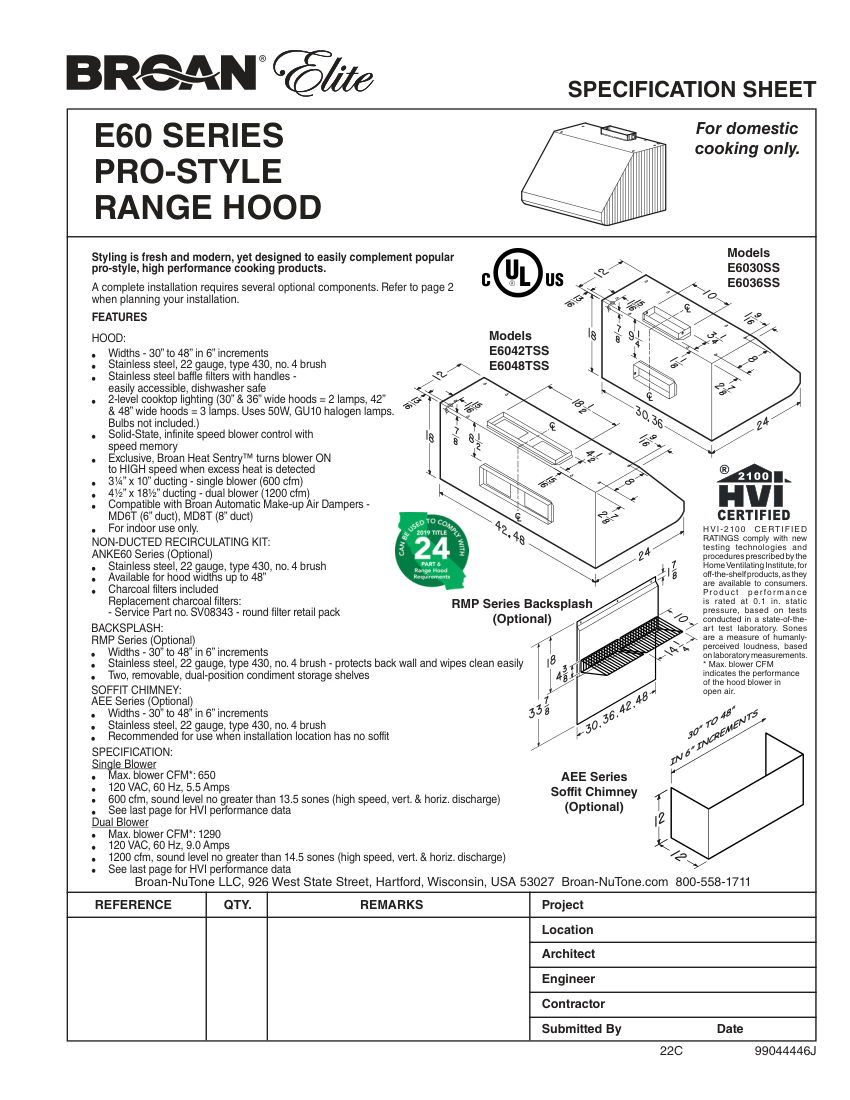 Broan E6030SS cut sheet — first page