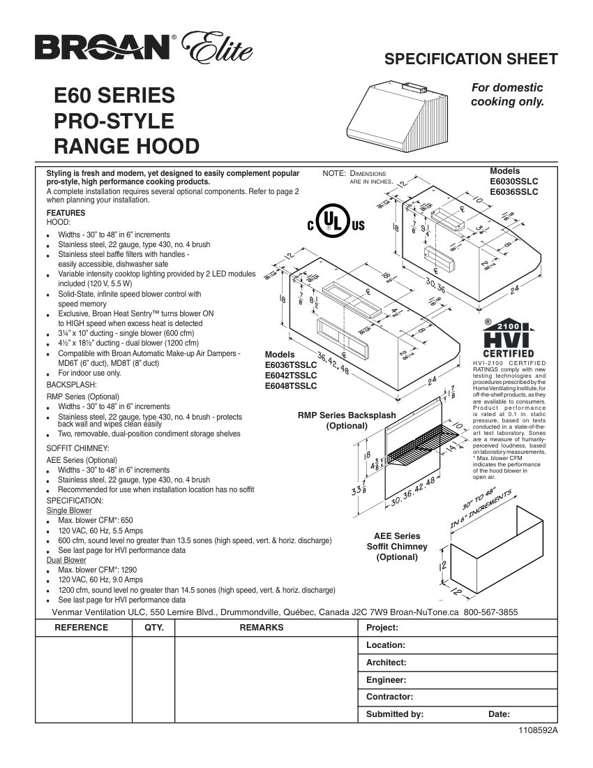 Broan E6030SSLC cut sheet — first page