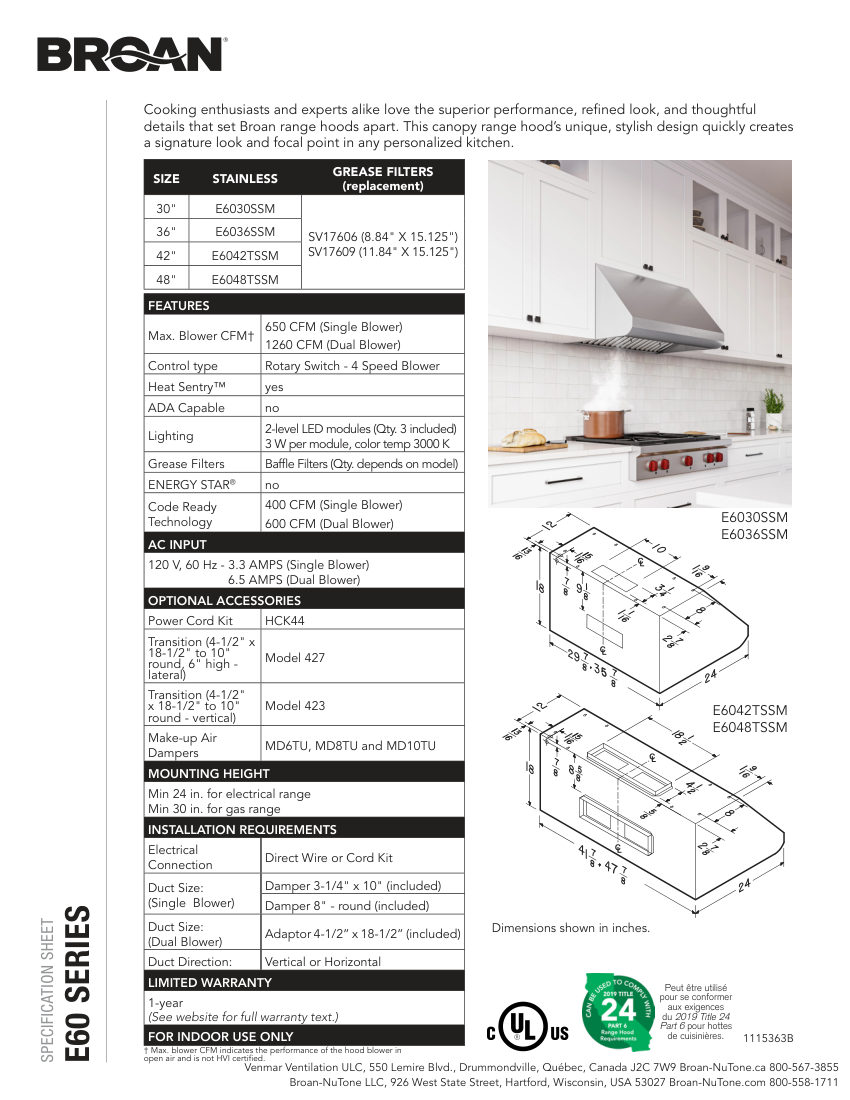 Broan E6030SSM cut sheet — first page