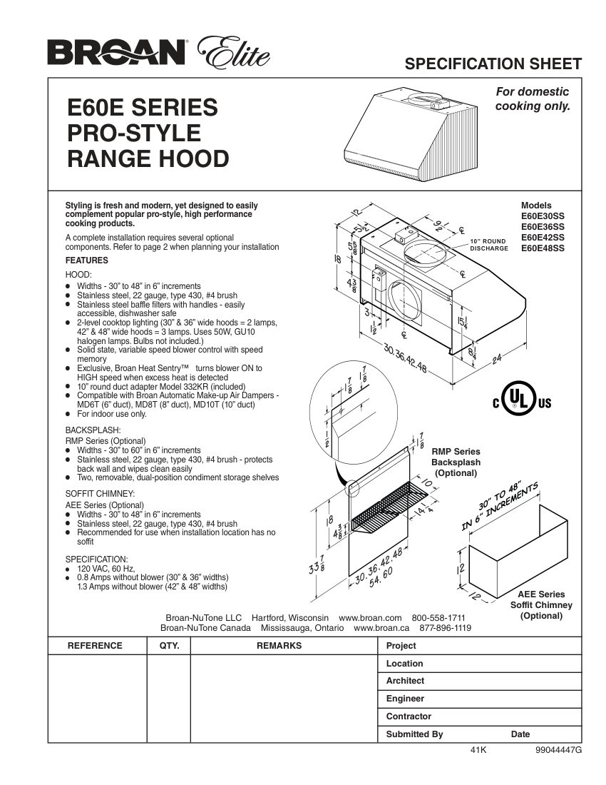 Broan E60E30SS cut sheet — first page