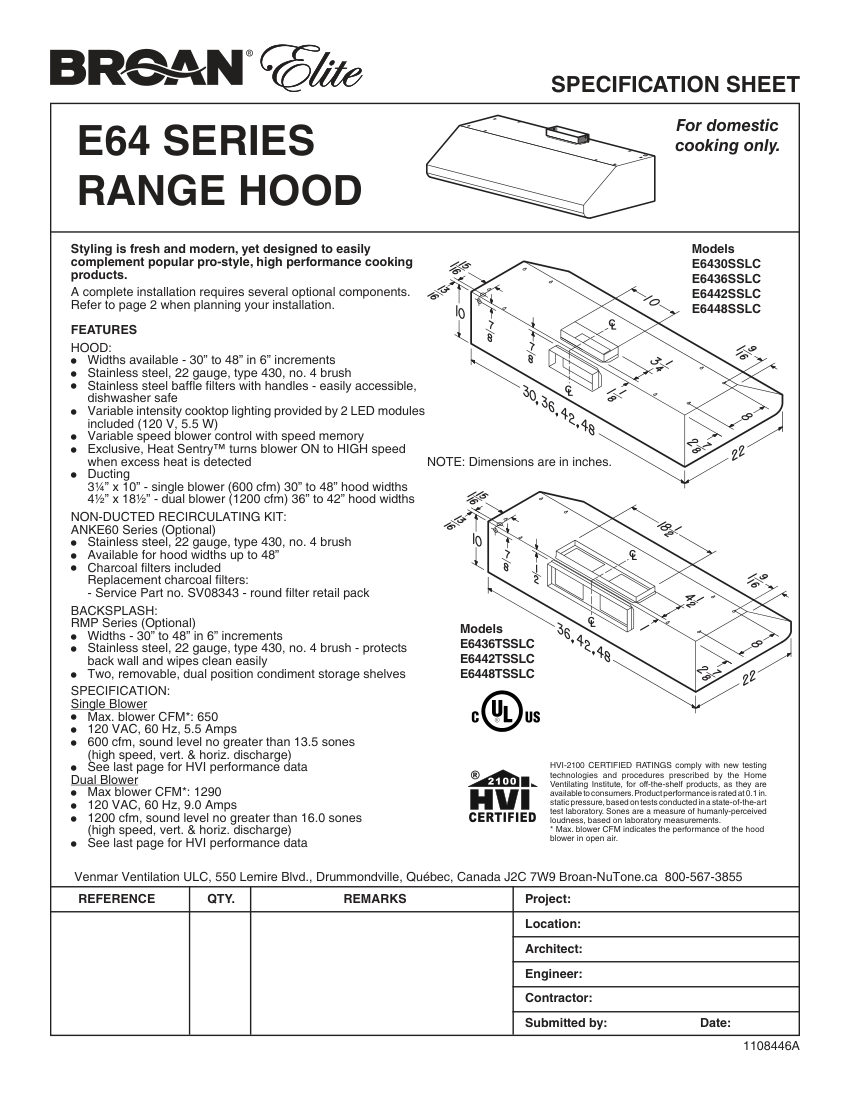 Broan E6436TSSLC cut sheet — first page