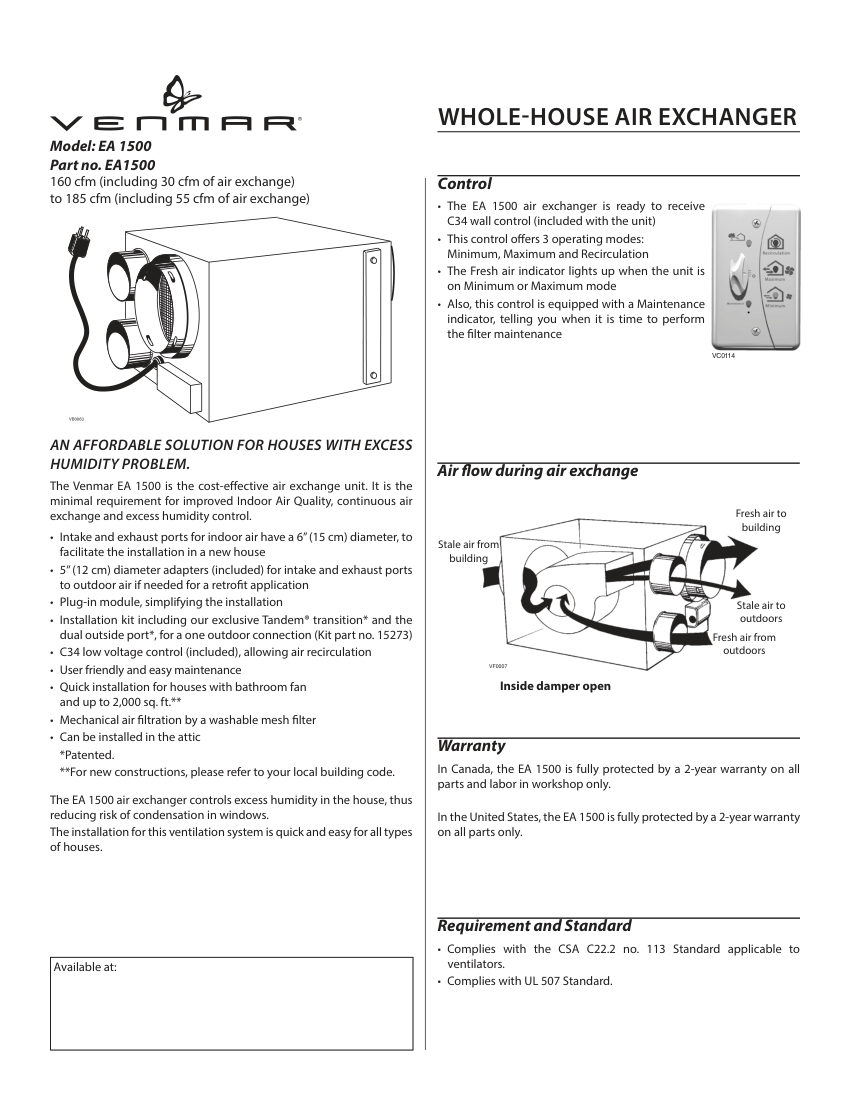 Broan EA1500 cut sheet — first page