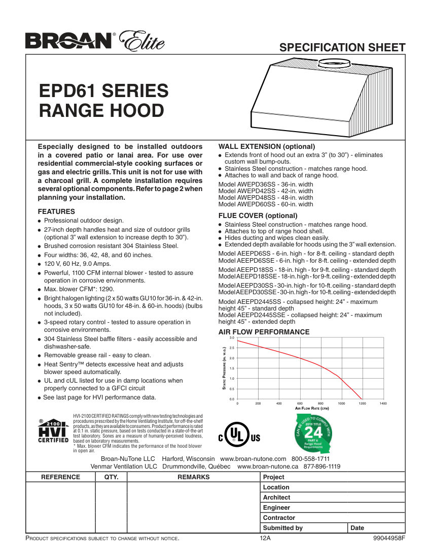 Broan EPD6136SS cut sheet — first page