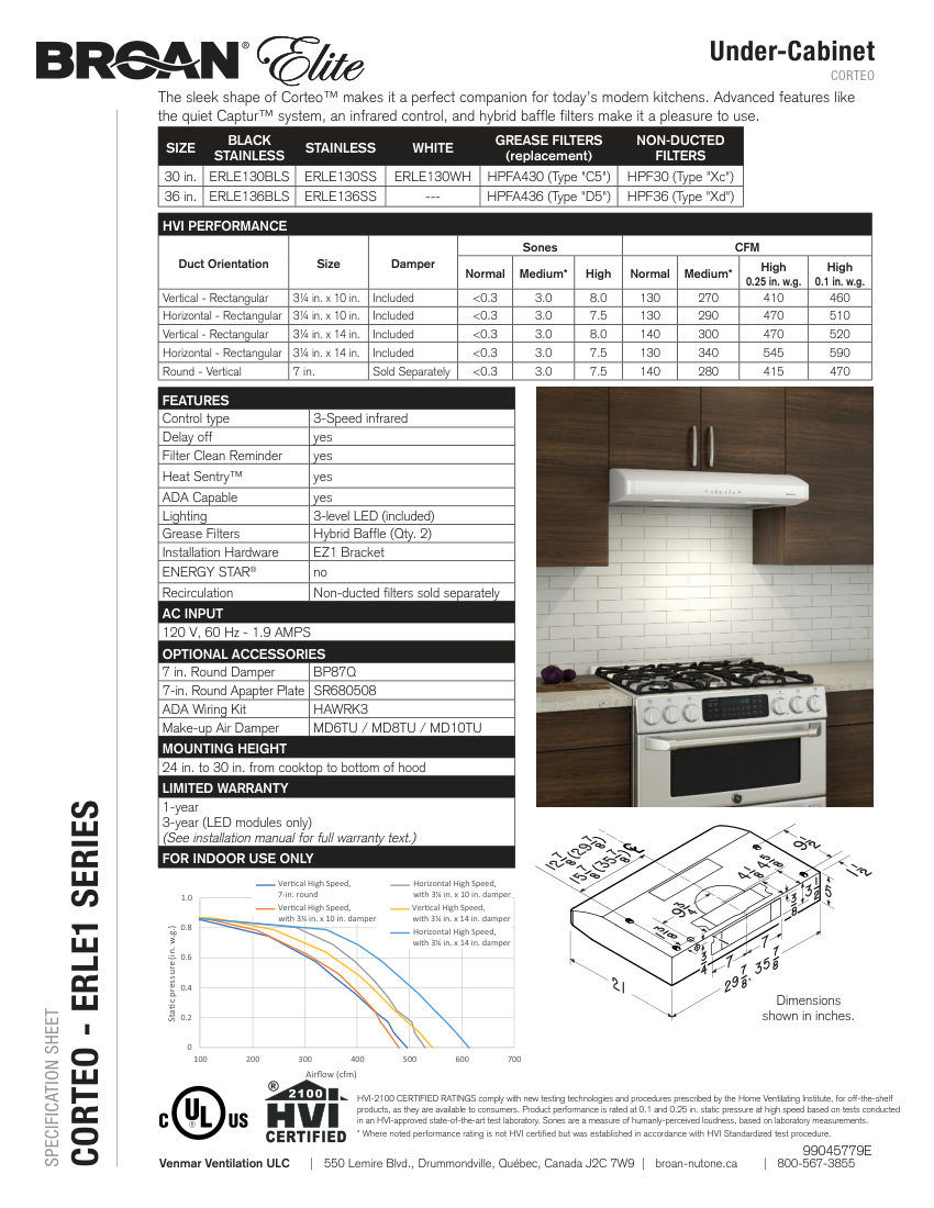Broan ERLE130BLS cut sheet — first page