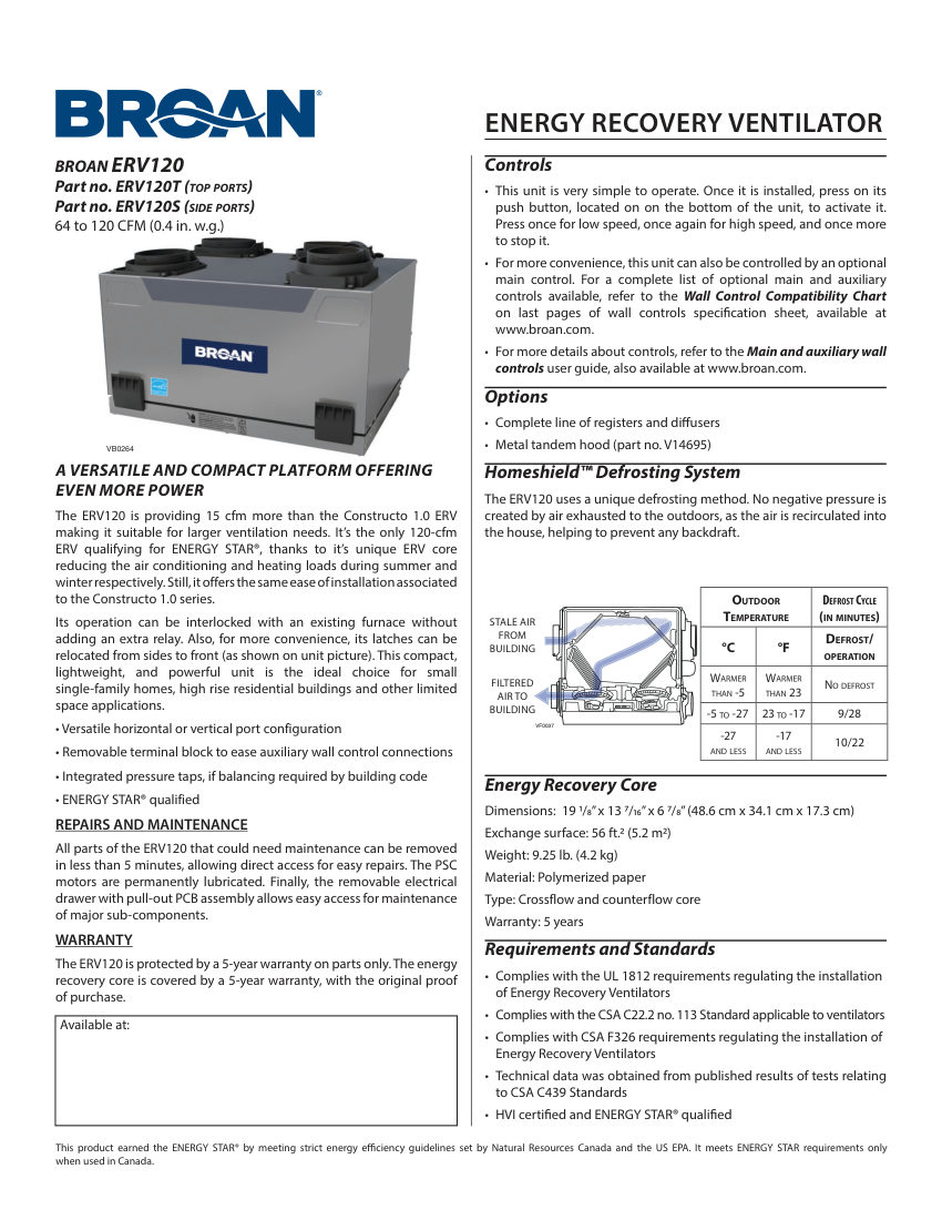 Broan ERV120S cut sheet — first page