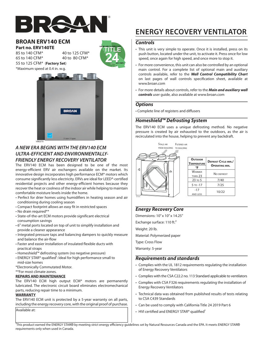 Broan ERV140TE cut sheet — first page