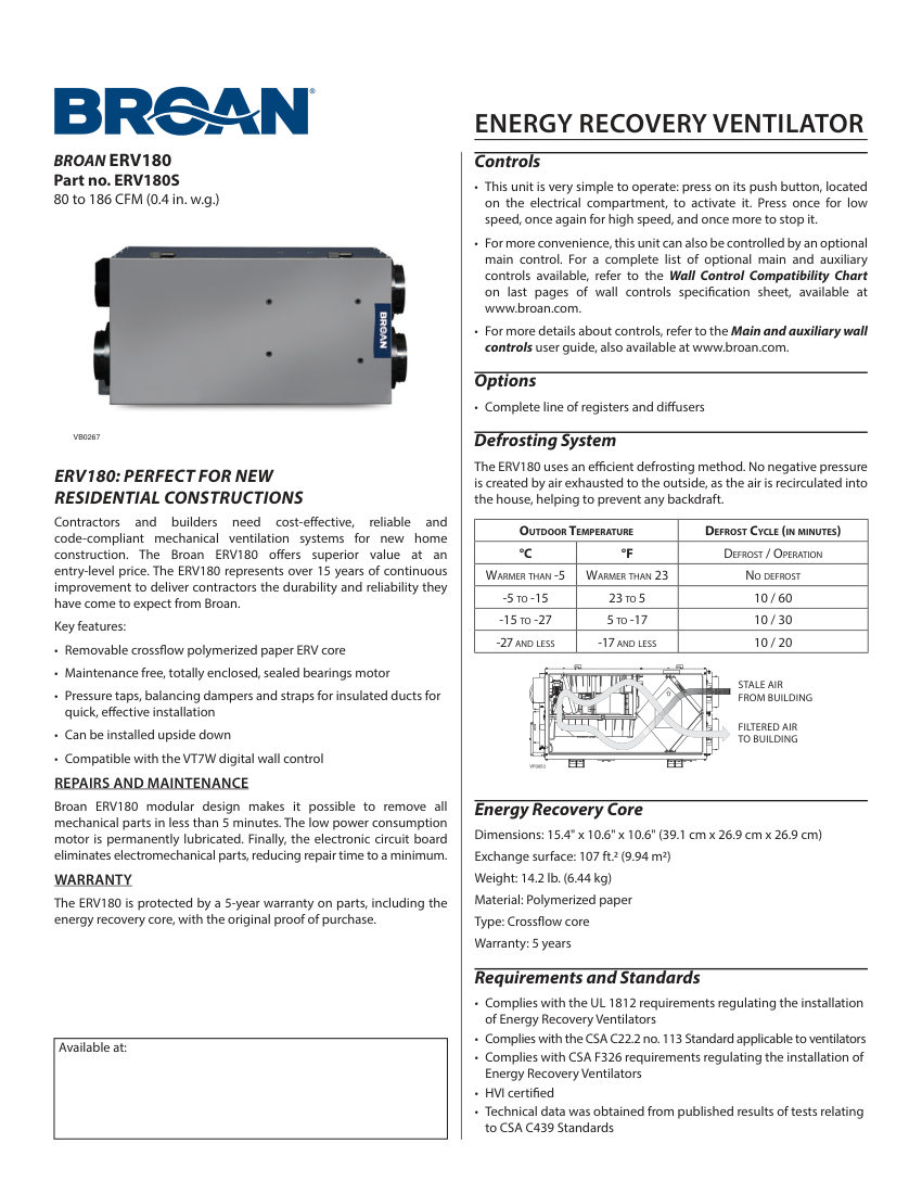 Broan ERV180S cut sheet — first page