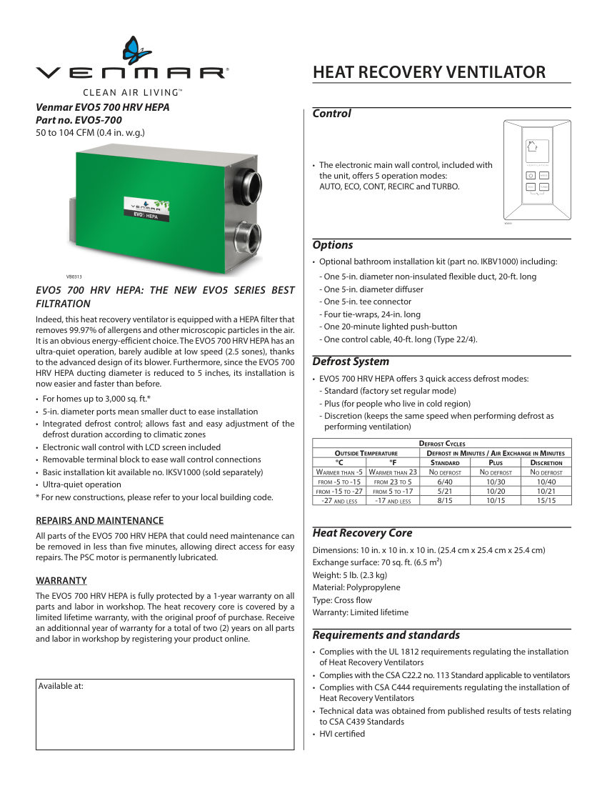 Broan EVO5-700 cut sheet — first page