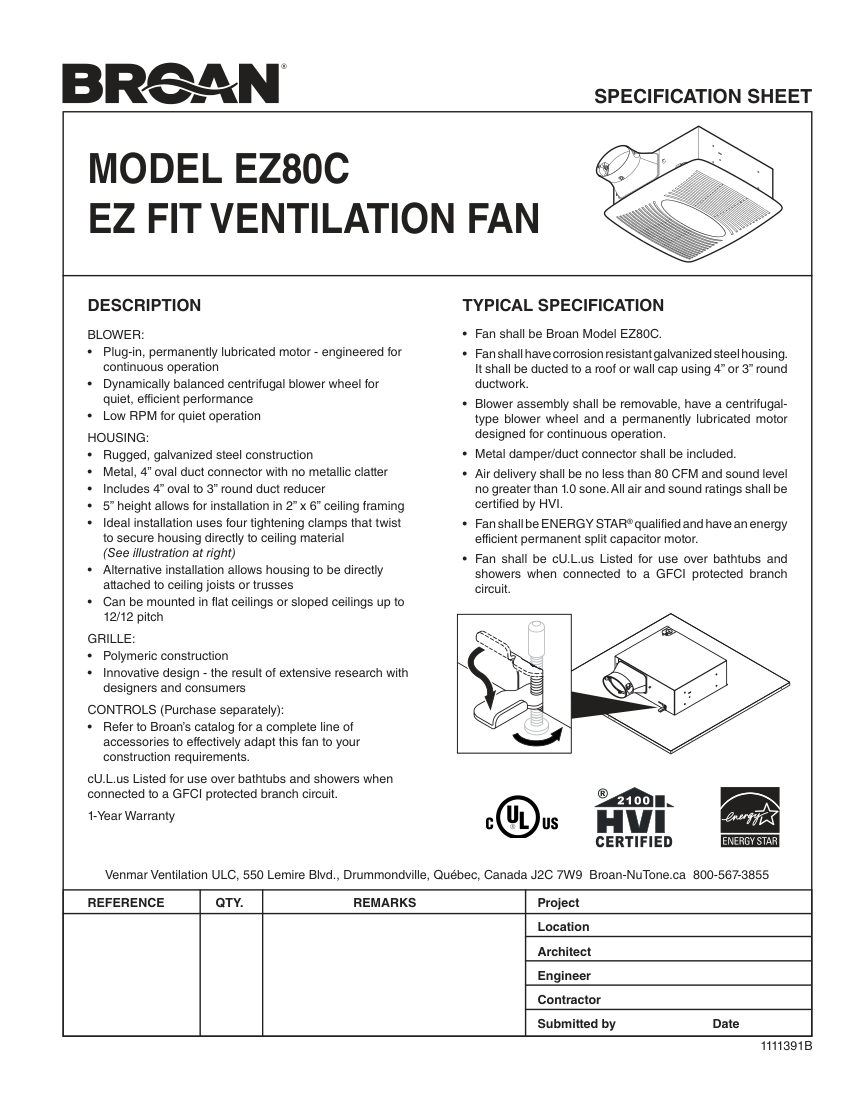 Broan EZ80C cut sheet — first page