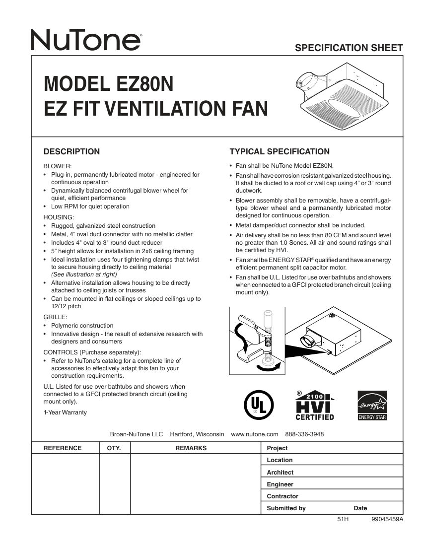 Broan EZ80N cut sheet — first page