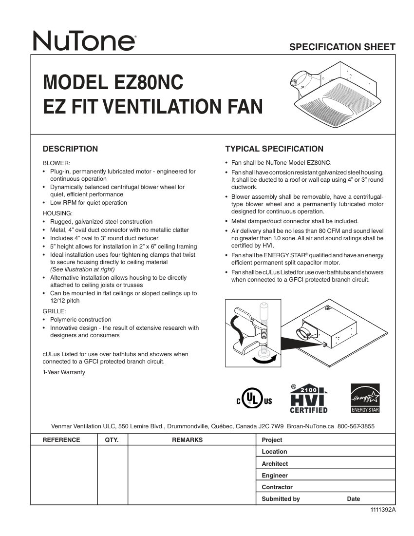 Broan EZ80NC cut sheet — first page