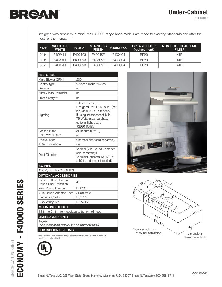 Broan F4030SF cut sheet — first page