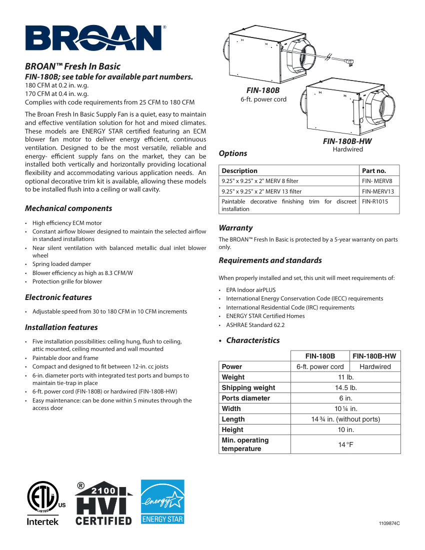 Broan FIN-180B cut sheet — first page