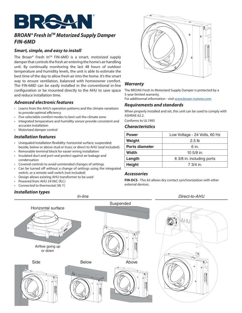 Broan FIN-6MD cut sheet — first page