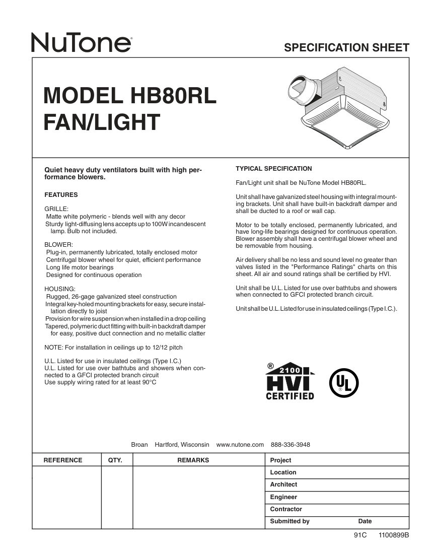 Broan HB80RL cut sheet — first page