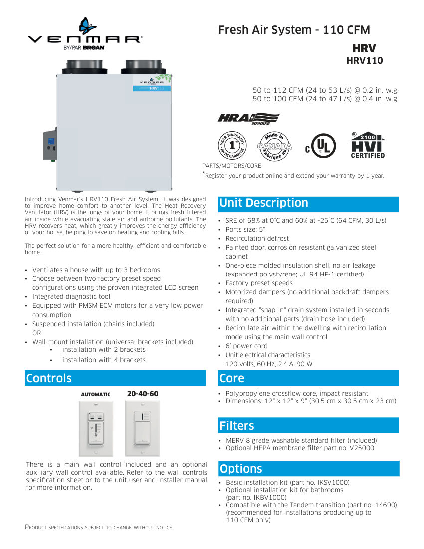 Broan HRV110 cut sheet — first page