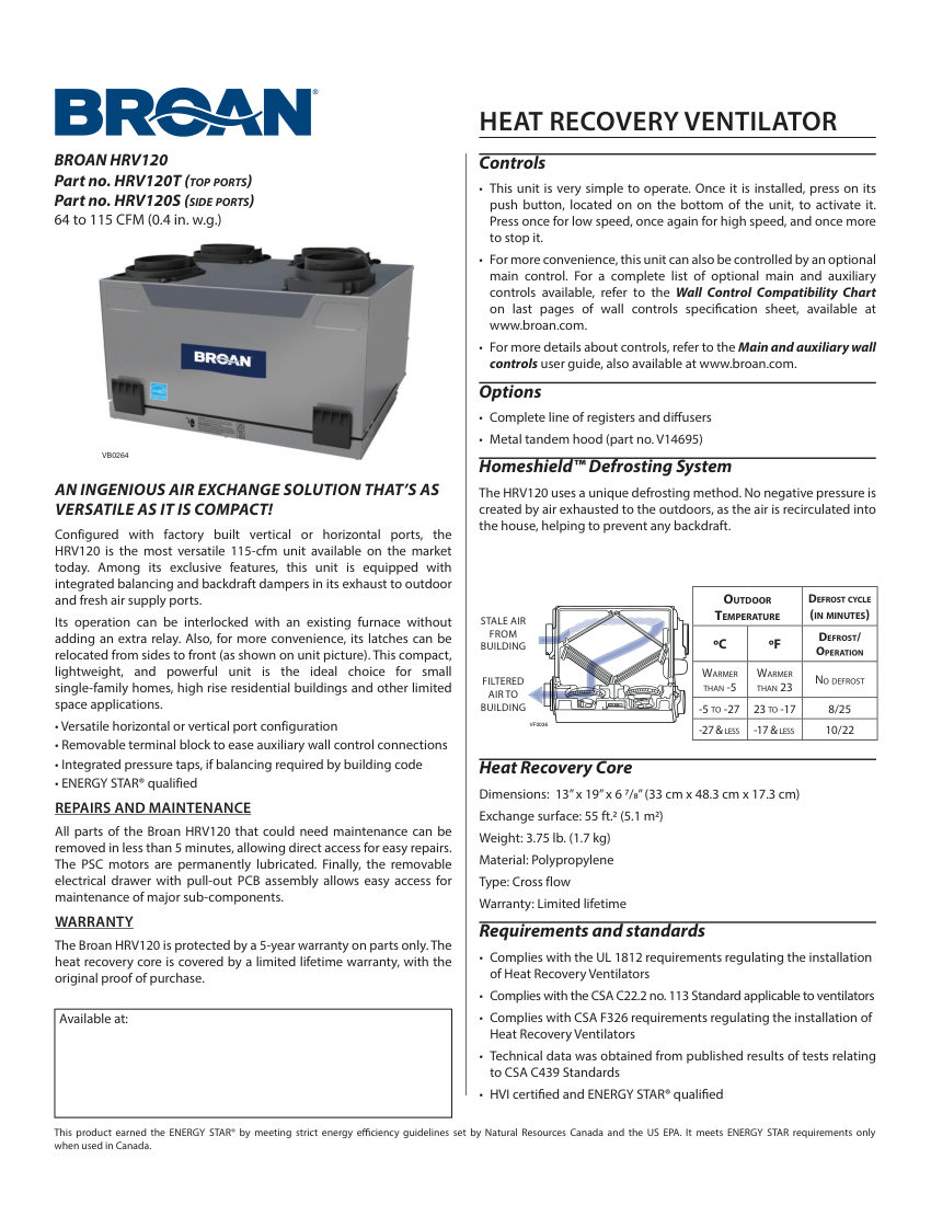 Broan HRV120S cut sheet — first page