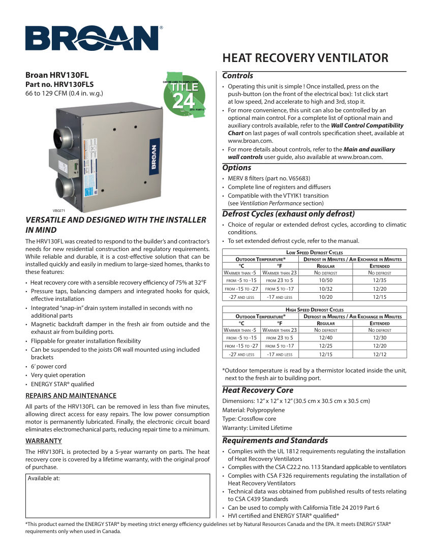 Broan HRV130FLS cut sheet — first page