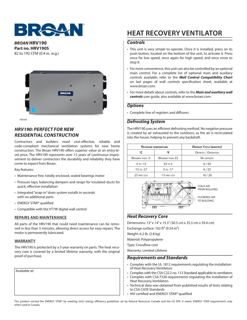Broan HRV190S cut sheet — first page