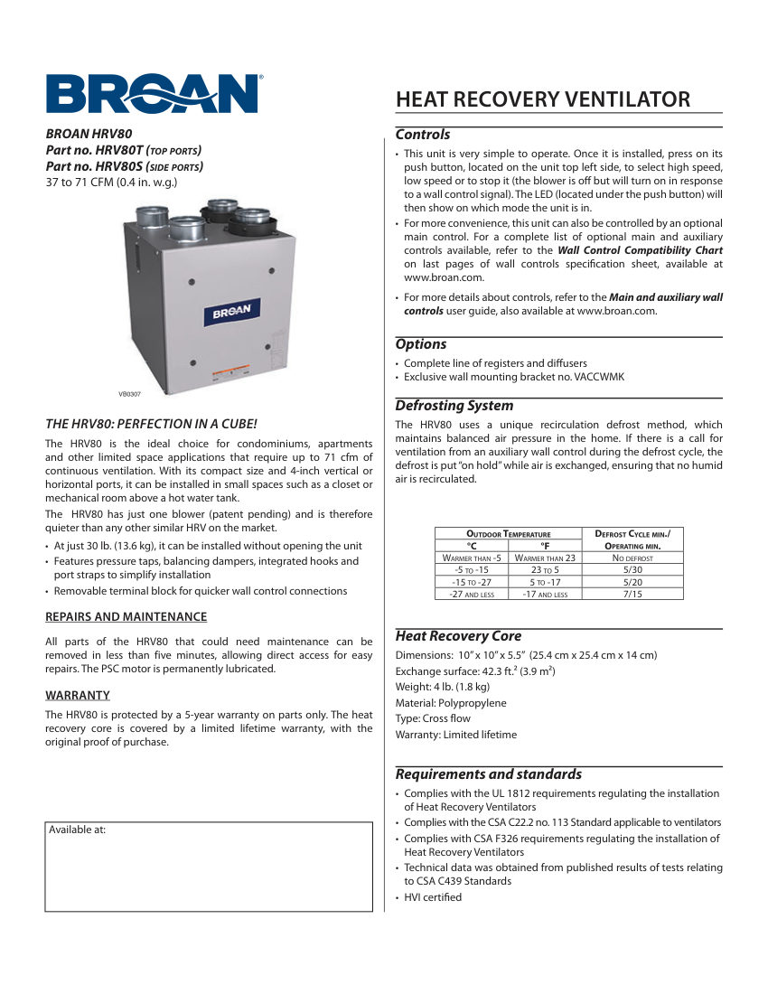 Broan HRV80S cut sheet — first page