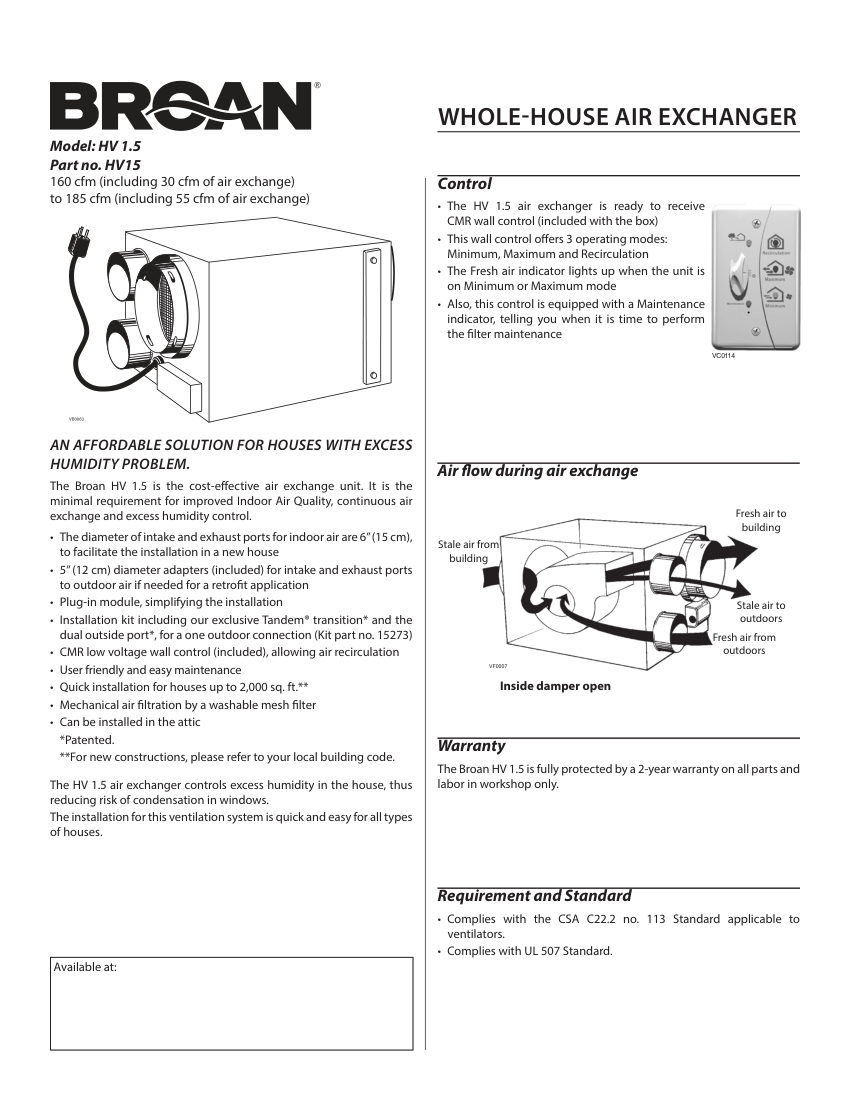 Broan HV15 cut sheet — first page